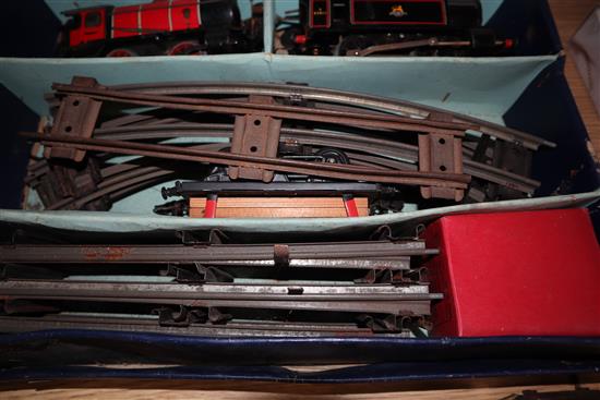 A quantity of mixed locos, track and carriages including Hornby